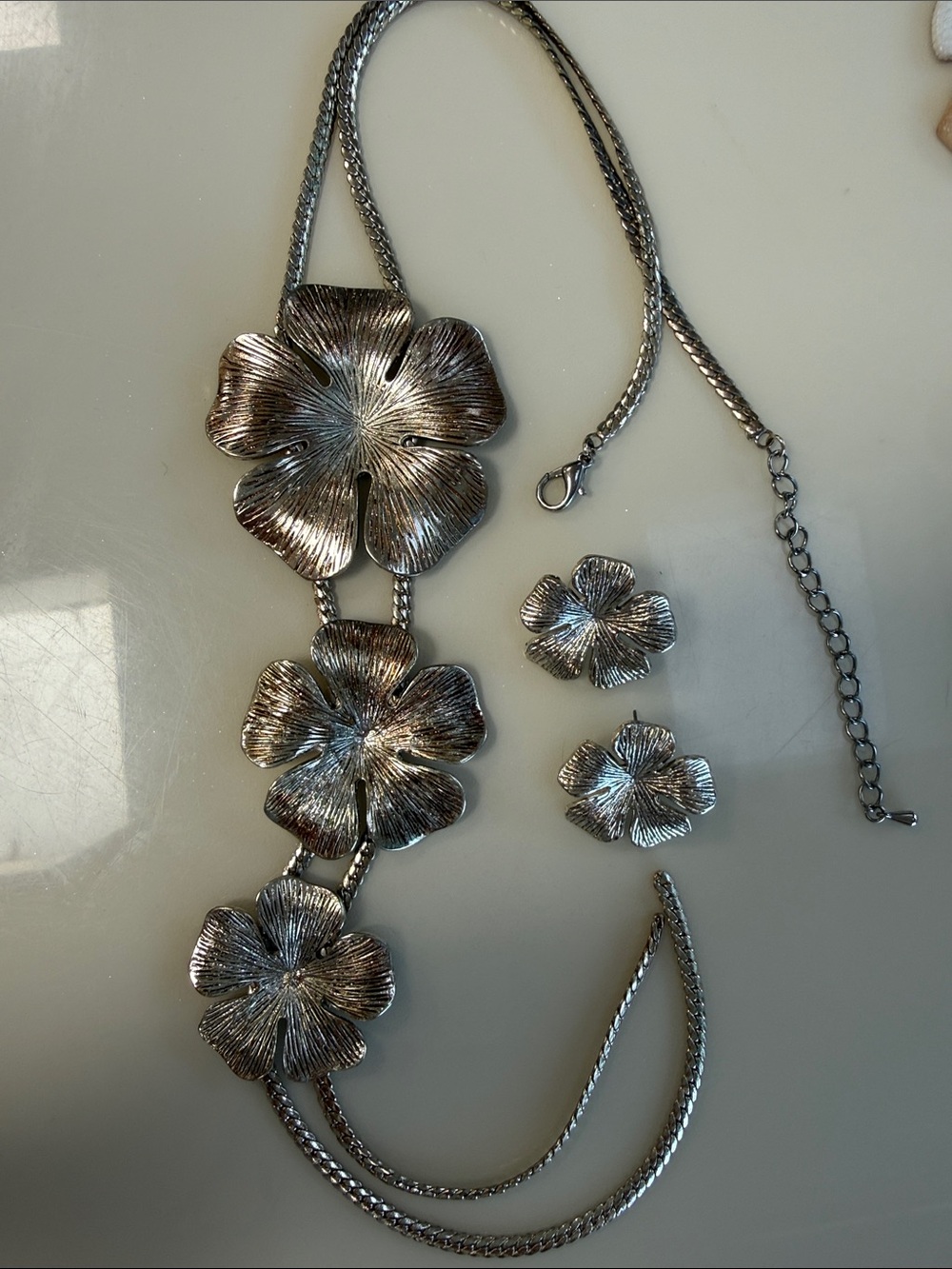 Silver Floral Necklace and Matching Flower Studs - Silver Tone